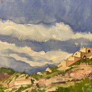 Aquarelle Paysage provençal aux remparts fortifiés