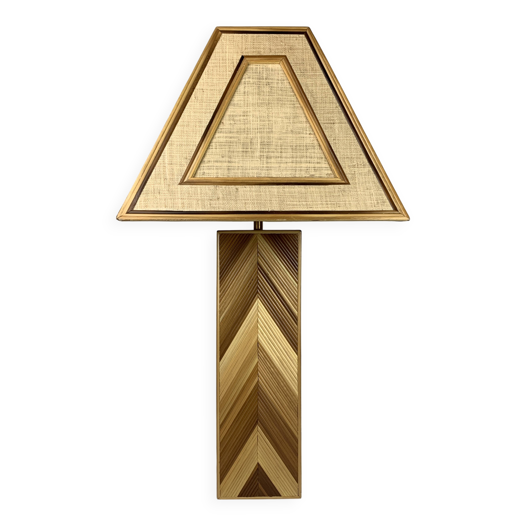 Midcentury pencil reed rattan bamboo and brass table lamp, 1970s