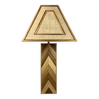 Lampe de table en rotin, bambou et laiton du milieu du siècle, années 1970