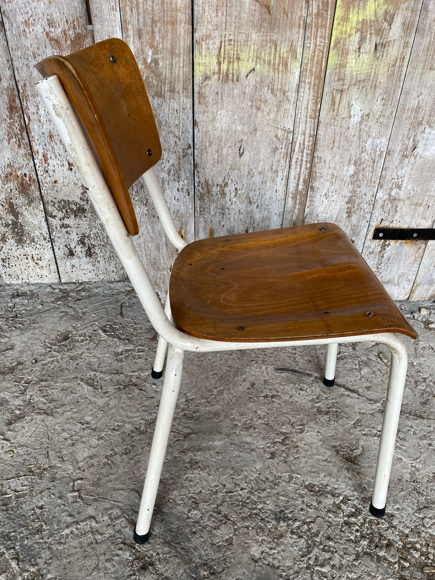 Chaise ecolier ancienne colmon tube metal blanc + bois vintage