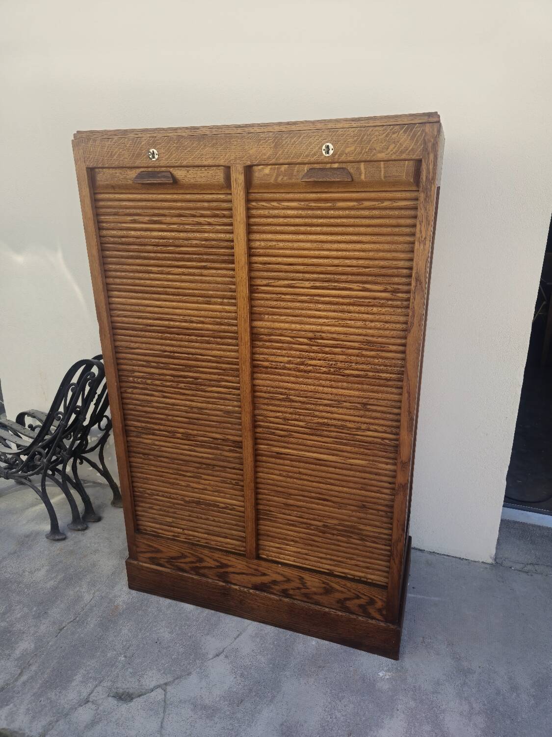 Antique 1950s double sliding door filing cabinet with curtains