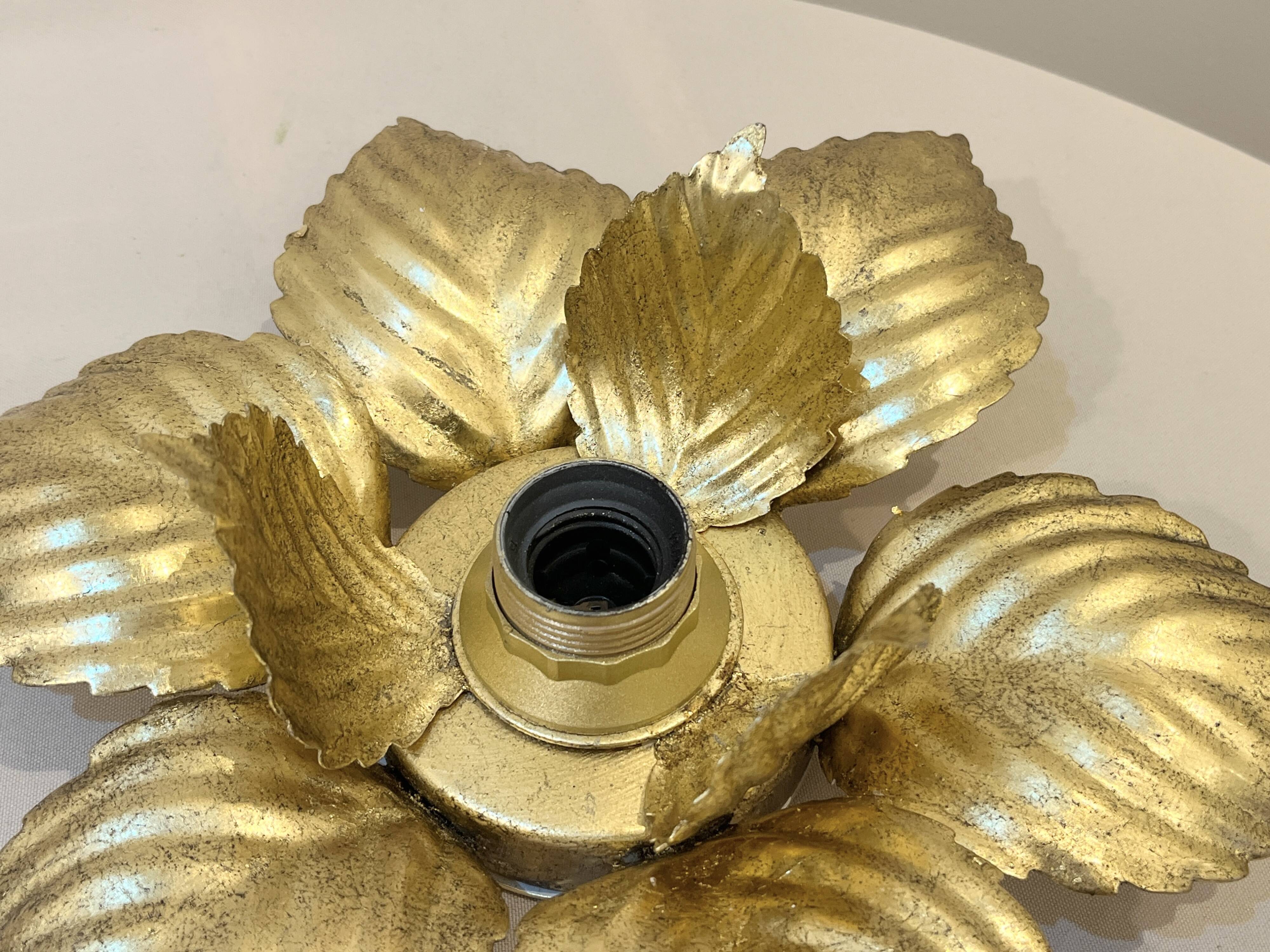 Masca 1970s 1980s Hollywood Regency Gold Leaf Metal Flower Wall Sconce