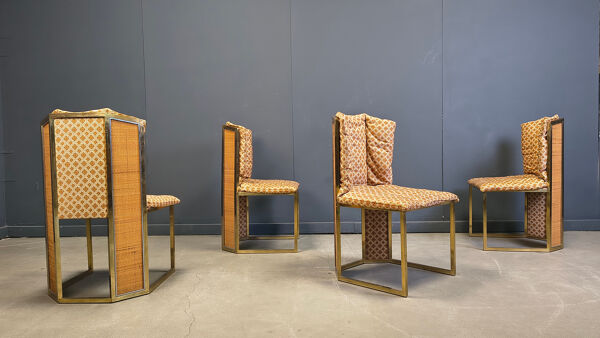 Ensemble de 4 chaises de salle à manger en laiton et osier de Romeo Rega pour Mario Sabot, années 1970.