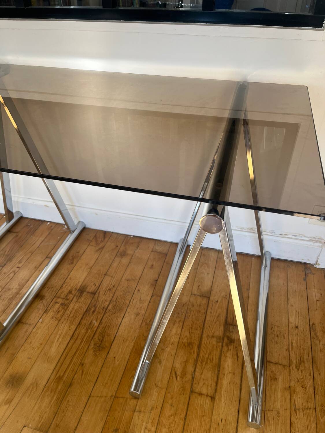 Smoked glass and chrome metal desk by Milo Baughman for Rochebobois