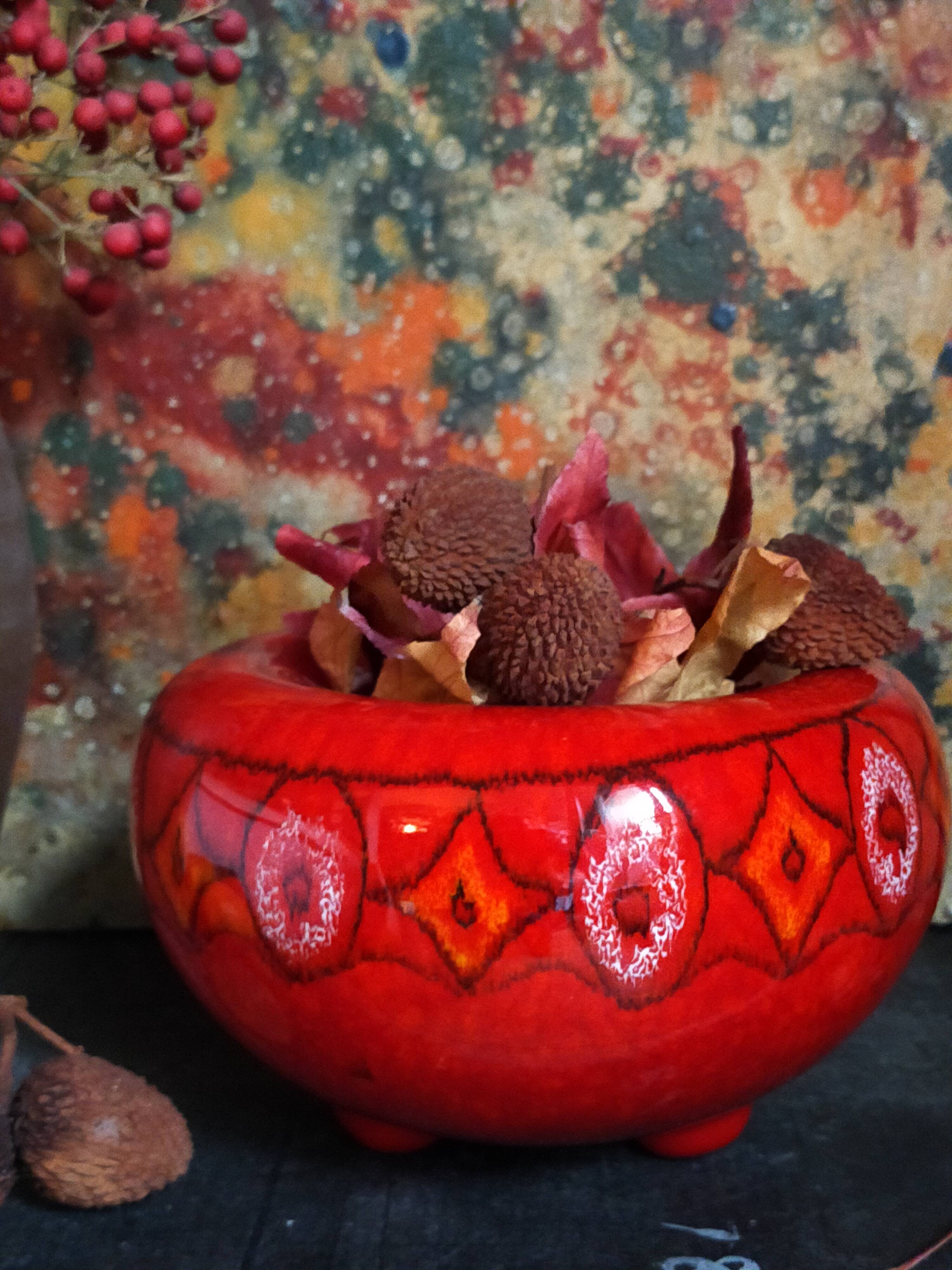 Vintage bright red enamel ceramic tripod vase