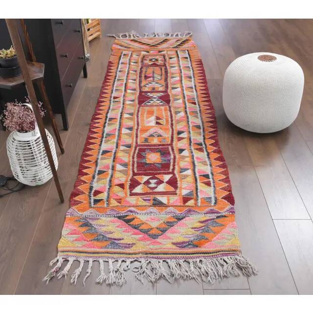 1970s Vintage Turkish Hand-Knotted Wool Cotton Orange Runner Rug 86x288