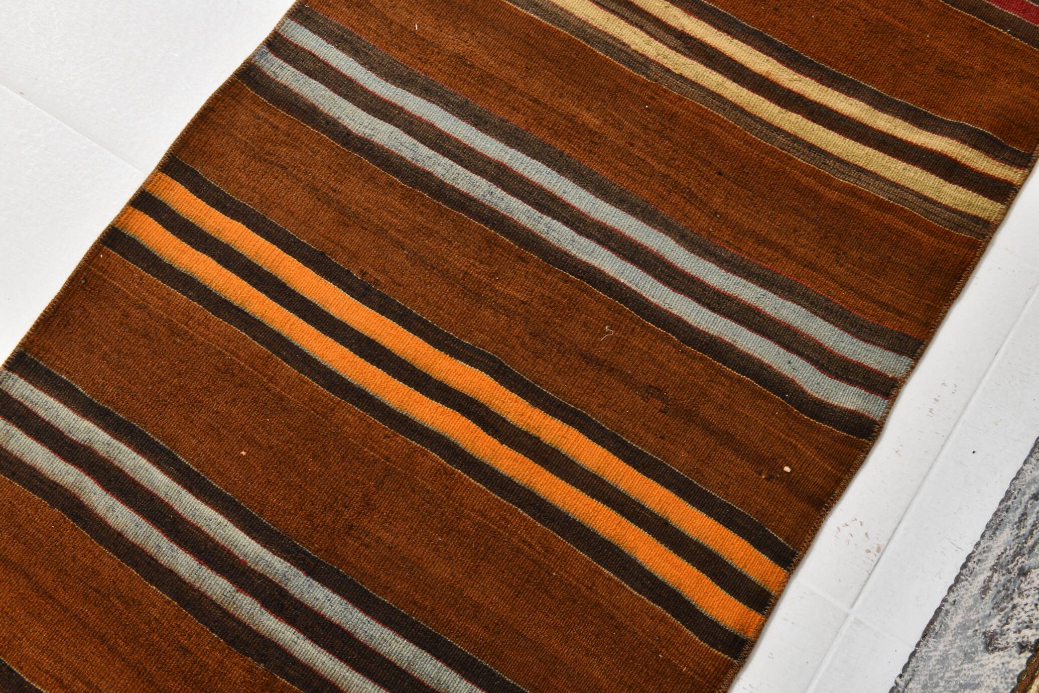 Brown & Orange Stiped Mid Century Vintage Kilim Rug, 75x387 Cm