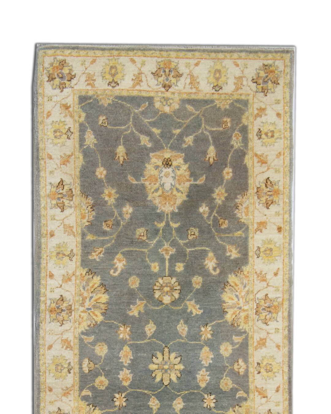 Tapis de couloir en laine grise, motif floral Ziegler fait main