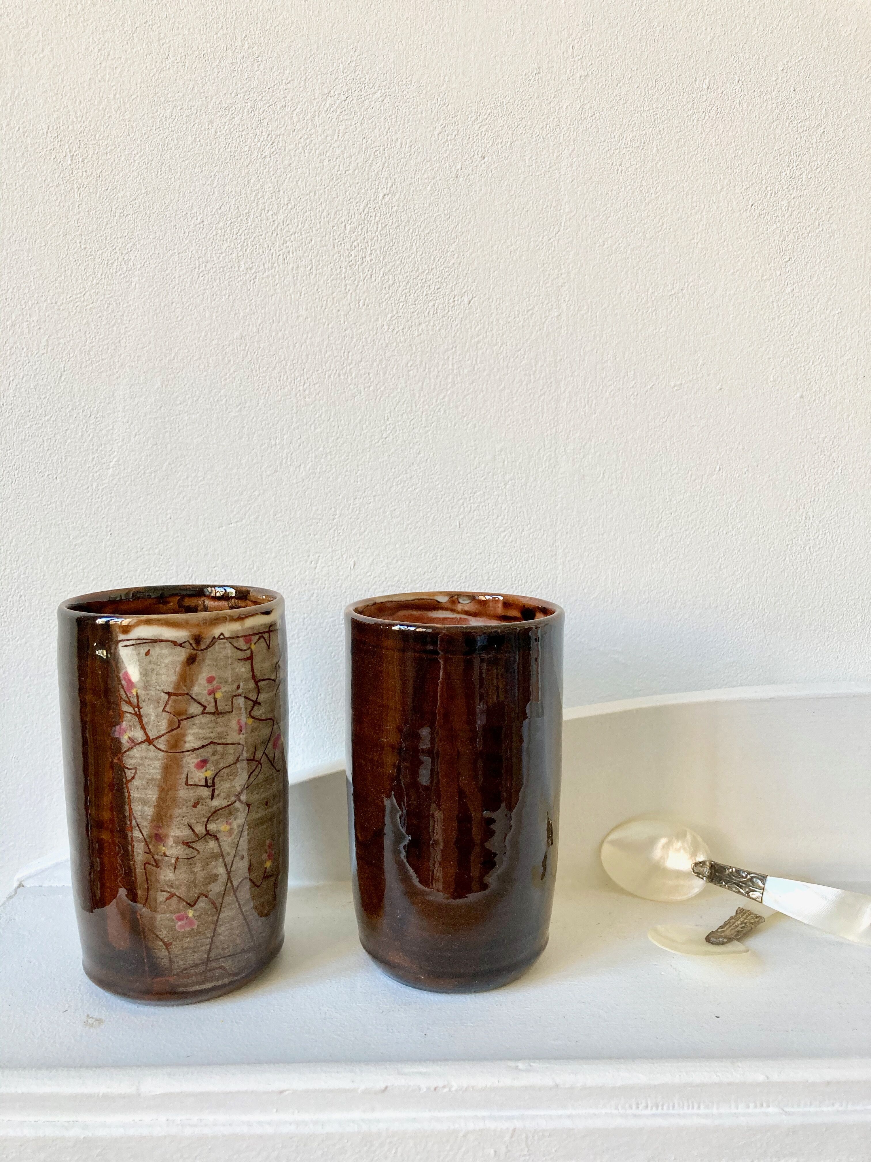 Pair of enamelled stoneware mazagran cups