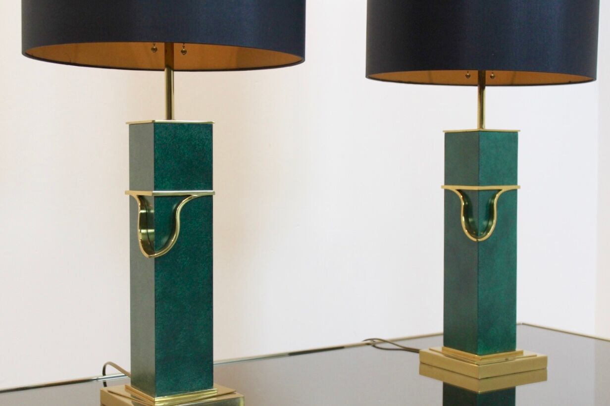 Pair of Green and Brass Mid Century Modern Table Lamps