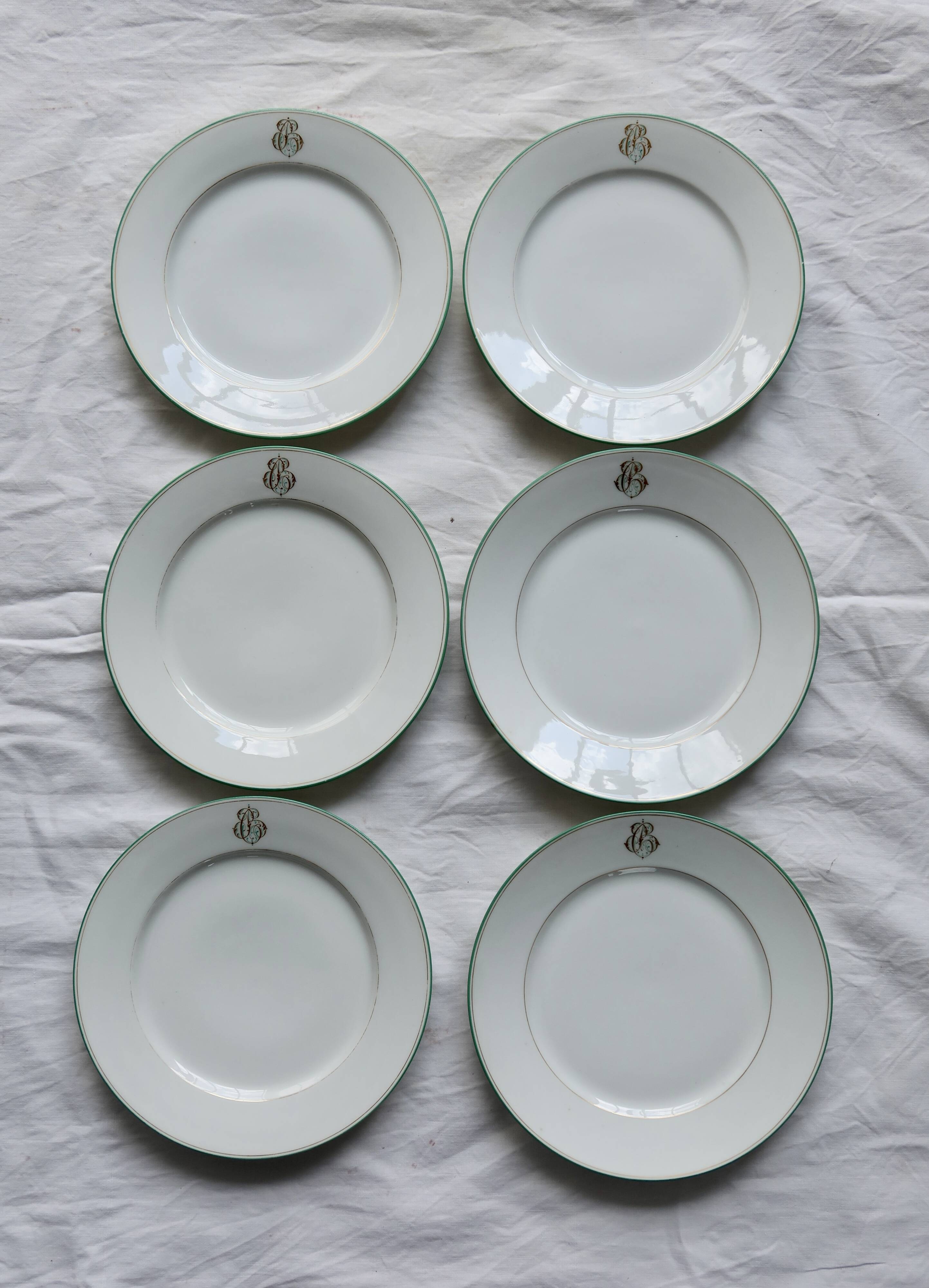 6 monogrammed dessert plates Limoges porcelain