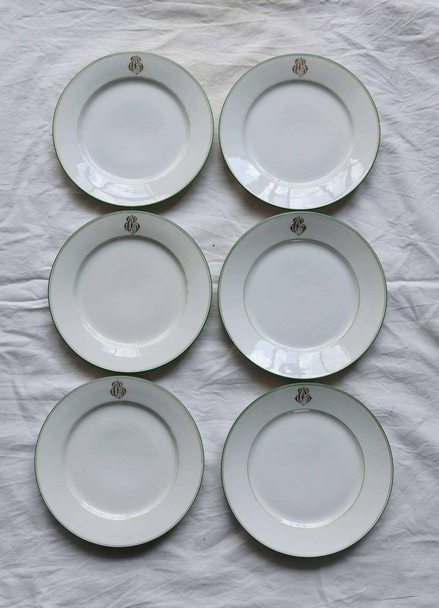 6 monogrammed dessert plates Limoges porcelain