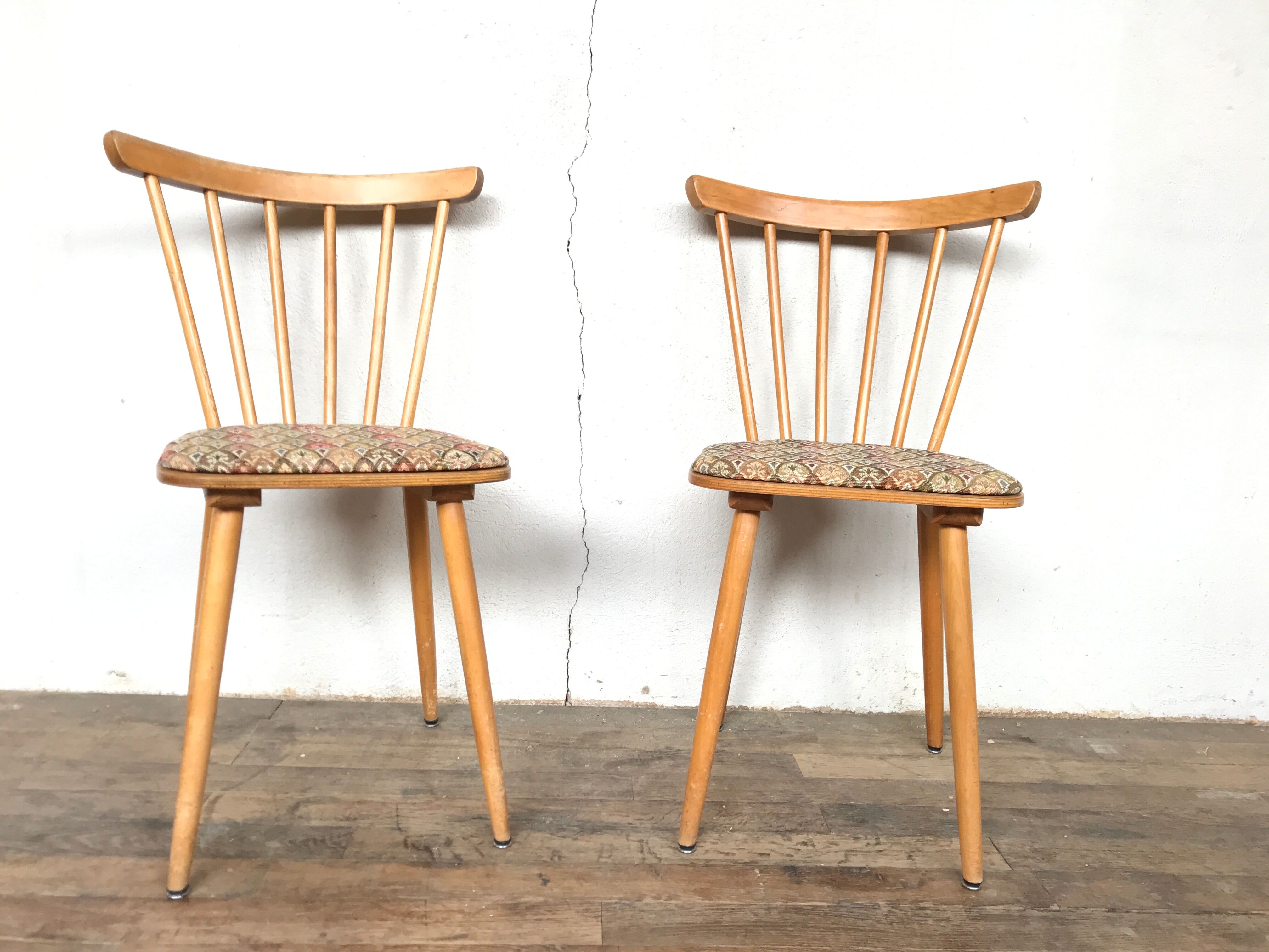 Pair of Scandinavian chair fabric light wood flower feet compasses