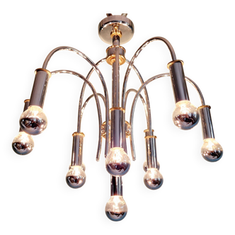 Designer chandelier in chromed metal and brass, Schröder & Co, 1970s