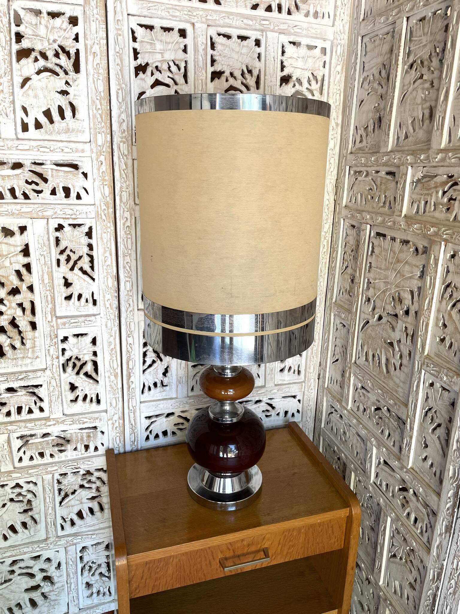 Large Vintage Space Age Table Lamp / 1970s Design - Ceramic & Chrome