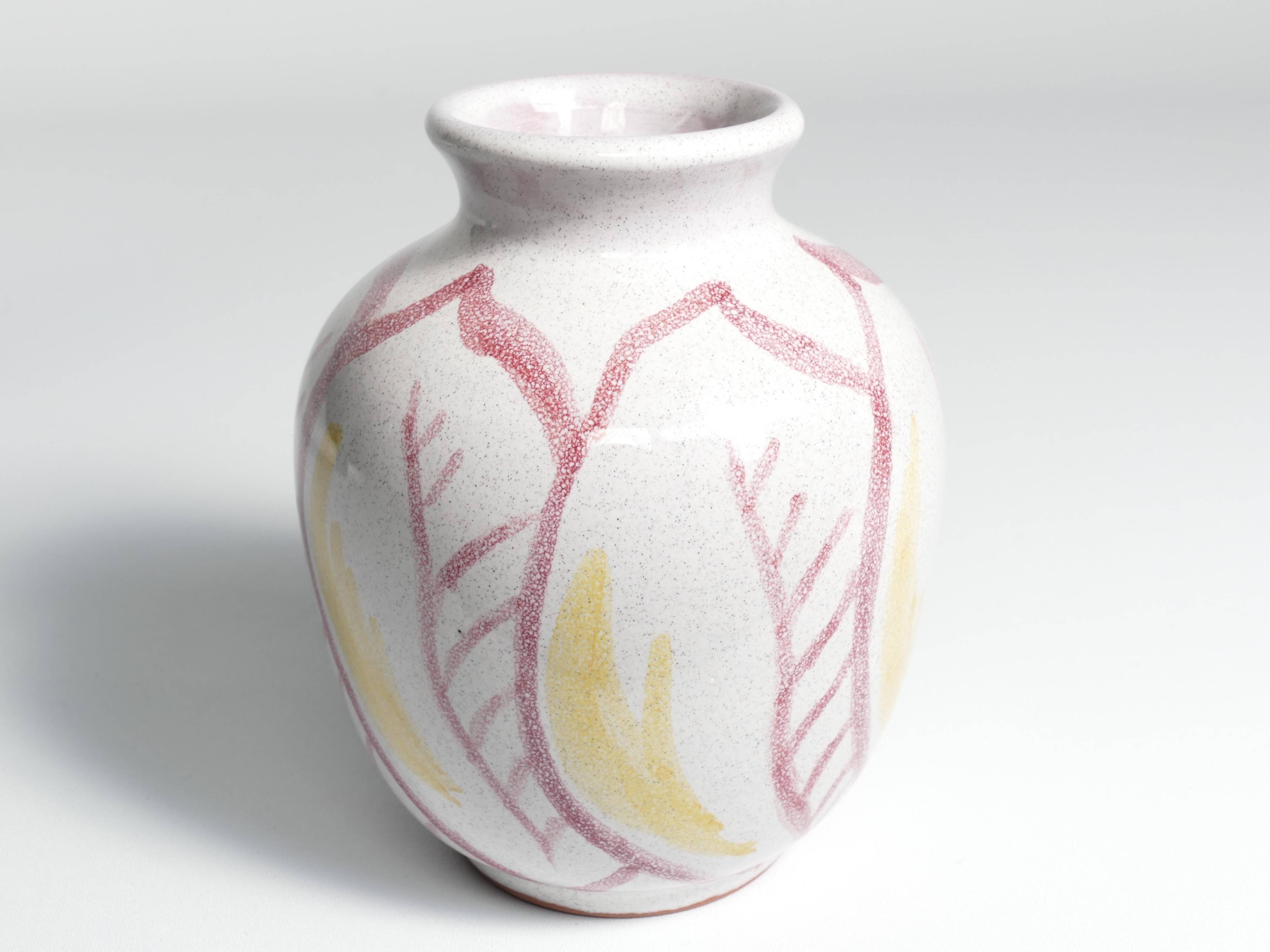 Scandinavian Modern Ceramic Vase with Red & Yellow Leaves, Alingsås Keramik 1947