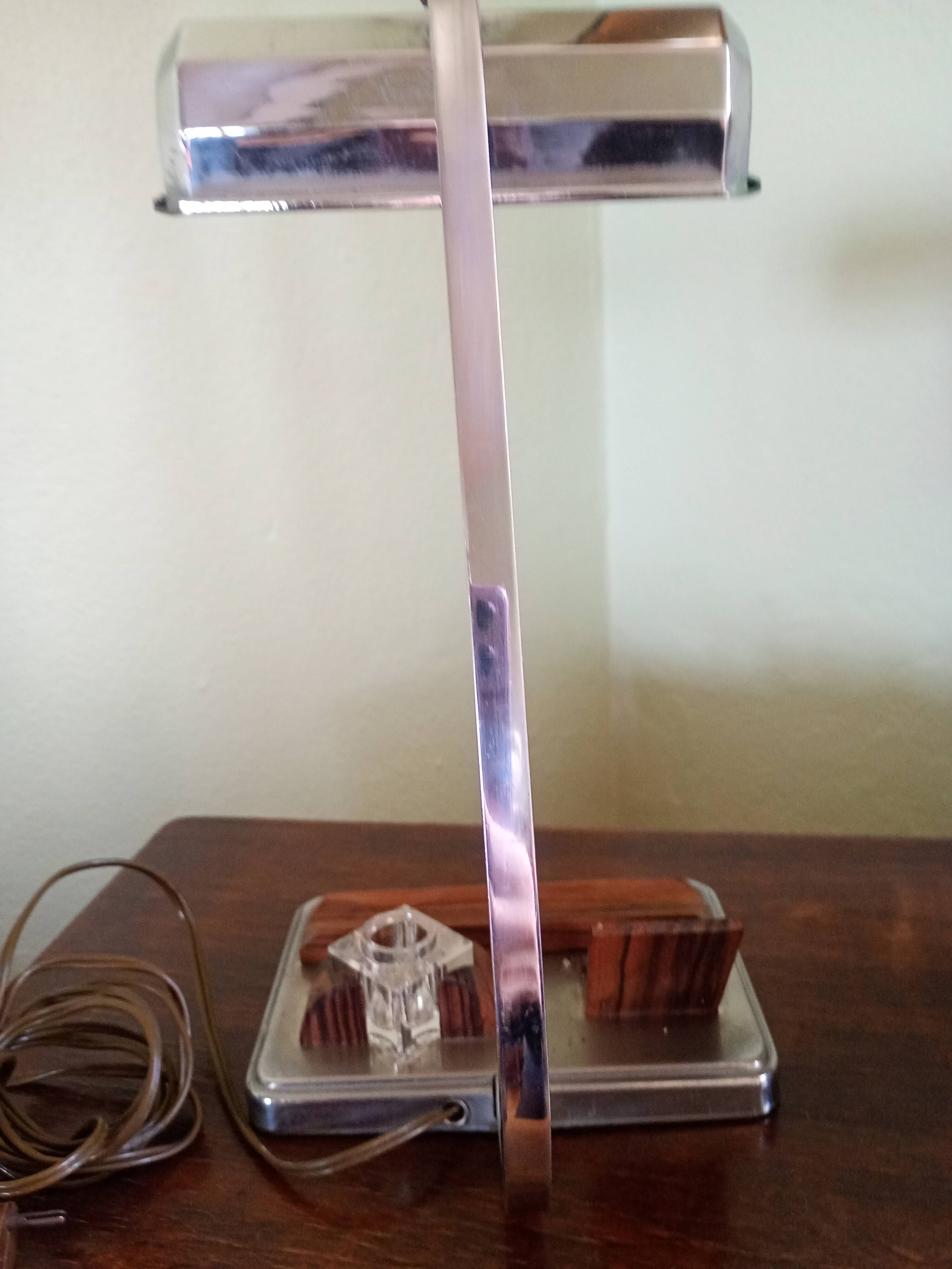 Vintage desk lamp - chrome steel + inkwell + card holder and rosewood pen