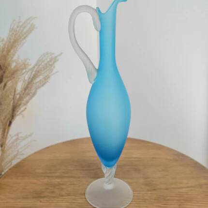 Elegant azure blue blown glass ewer vase