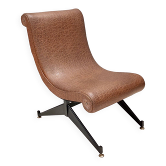 Vintage Brown Skai Lounge Chair with Black Varnished Metal Legs, Italy