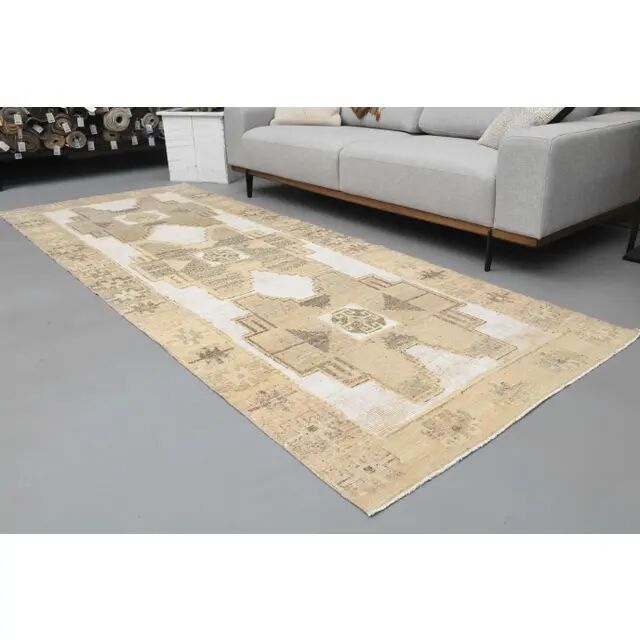 1970s Turkish Hand-Knotted Wool Cotton White Runner Rug 120X314