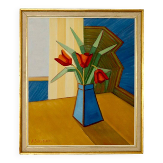 Original Mid-Century Oil On Canvas Painting" Vase " by A. Schreiner. --Vintage & Framed