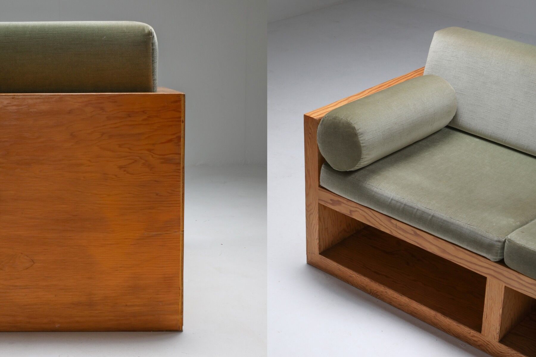 Three-seater sofa in moss green velvet and pitch pitch 1960