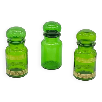 Série de 3 pots / bocaux / flacons  Container Made in Belgium, verre vert / Vintage