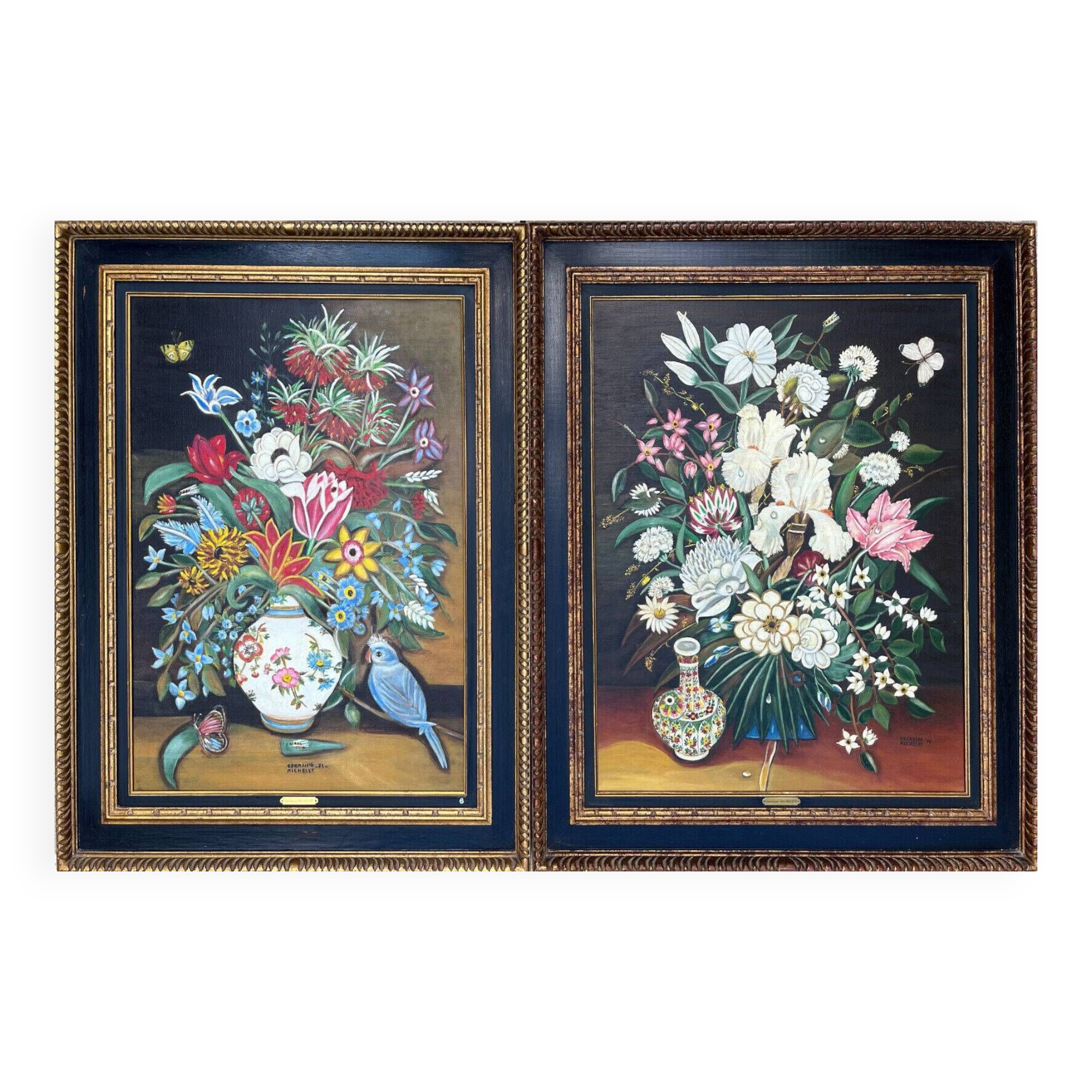 Pendant Gd Tableaux HST "Bouquet of flowers" signed Germaine Michelet + frame