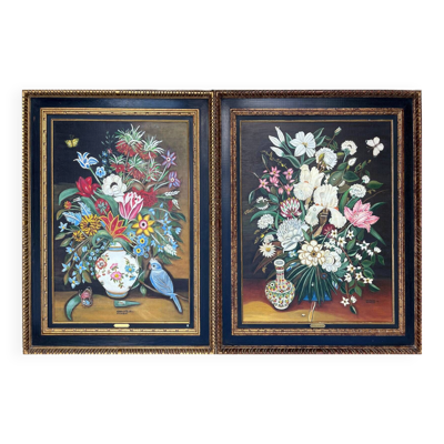 Pendant Gd Tableaux HST ''Bouquet de fleurs'' signé Germaine Michelet+ cadre
