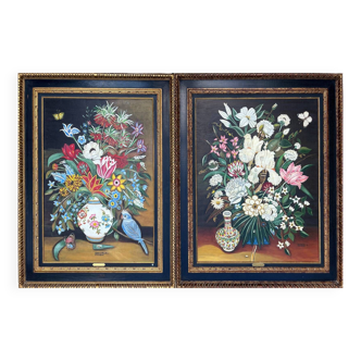 Pendant Gd Tableaux HST "Bouquet de fleurs" signé Germaine Michelet+ cadre
