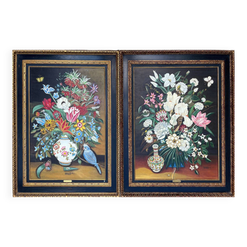 Pendant Gd Tableaux HST "Bouquet of flowers" signed Germaine Michelet + frame