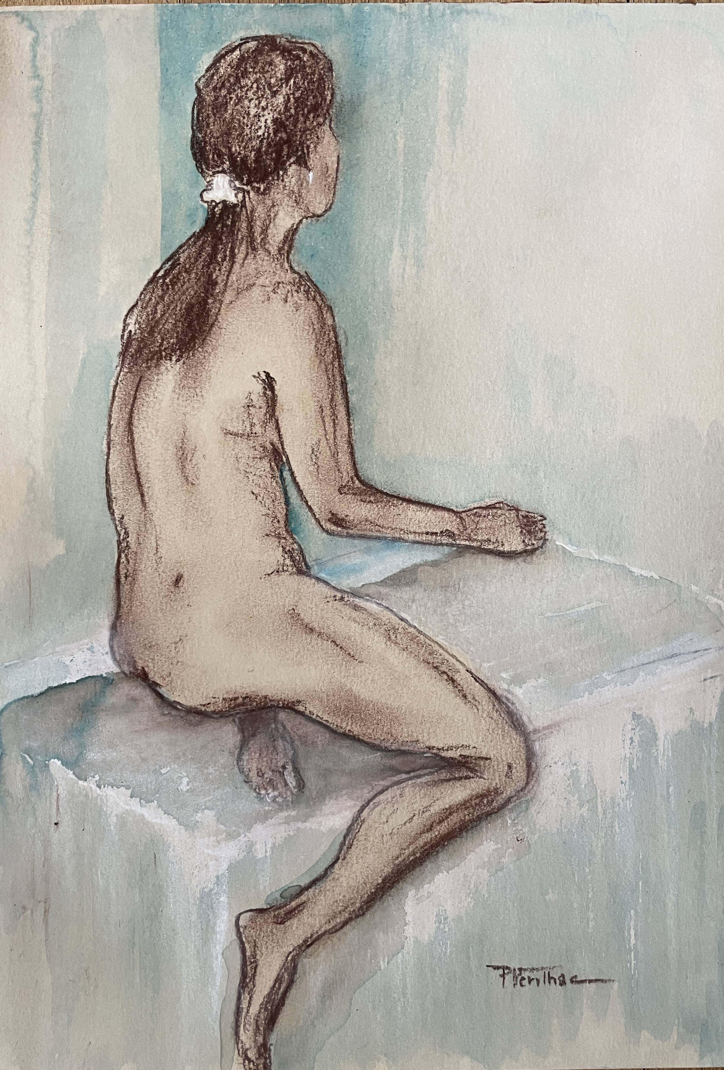 Painting signed sanguine watercolor female portrait “the pose”