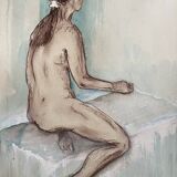 Painting signed sanguine watercolor female portrait “the pose”