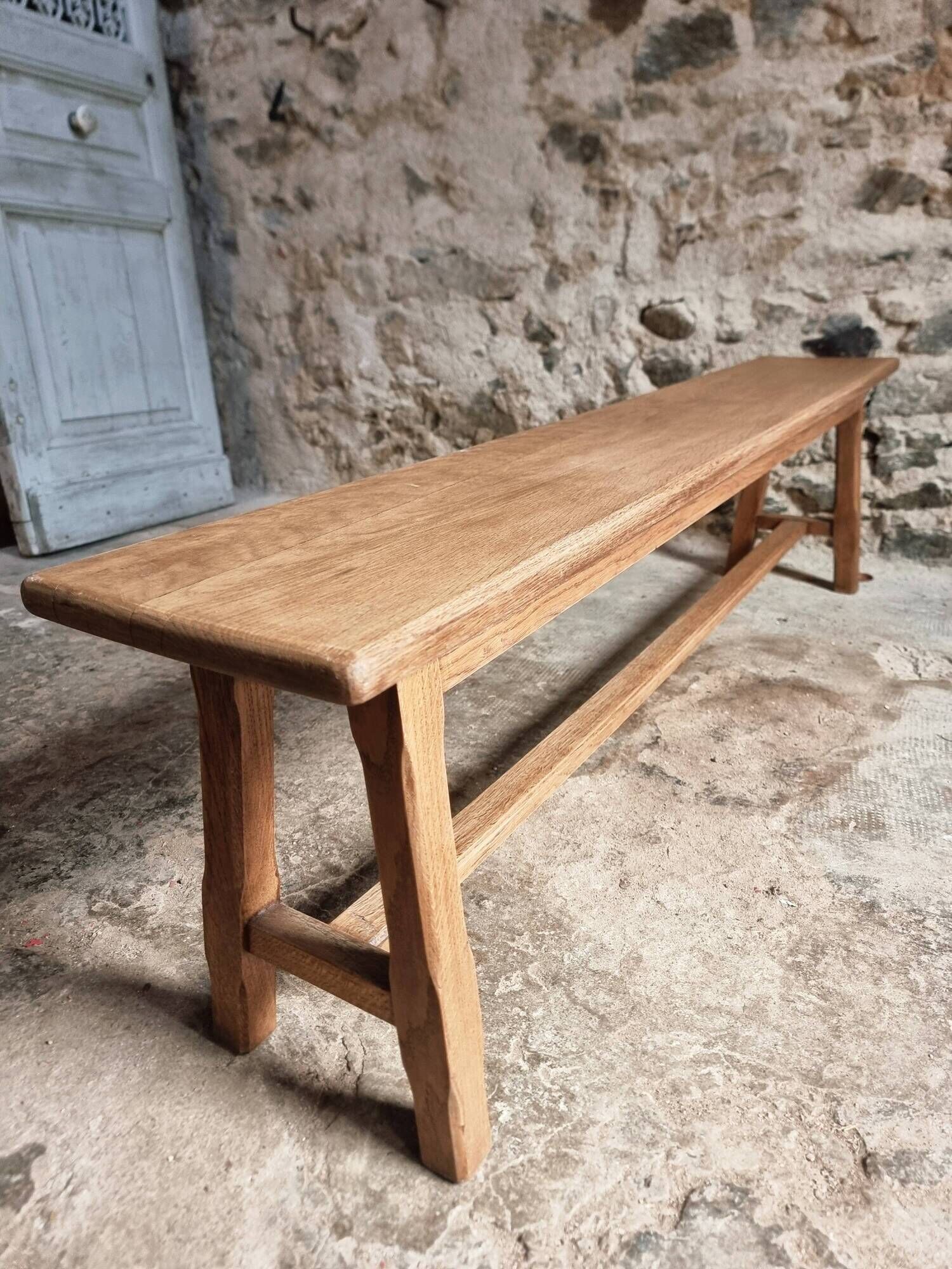 Vintage oak bench, solid wood dining bench, rustic farmhouse bench, French country style, circa 1950–1965.