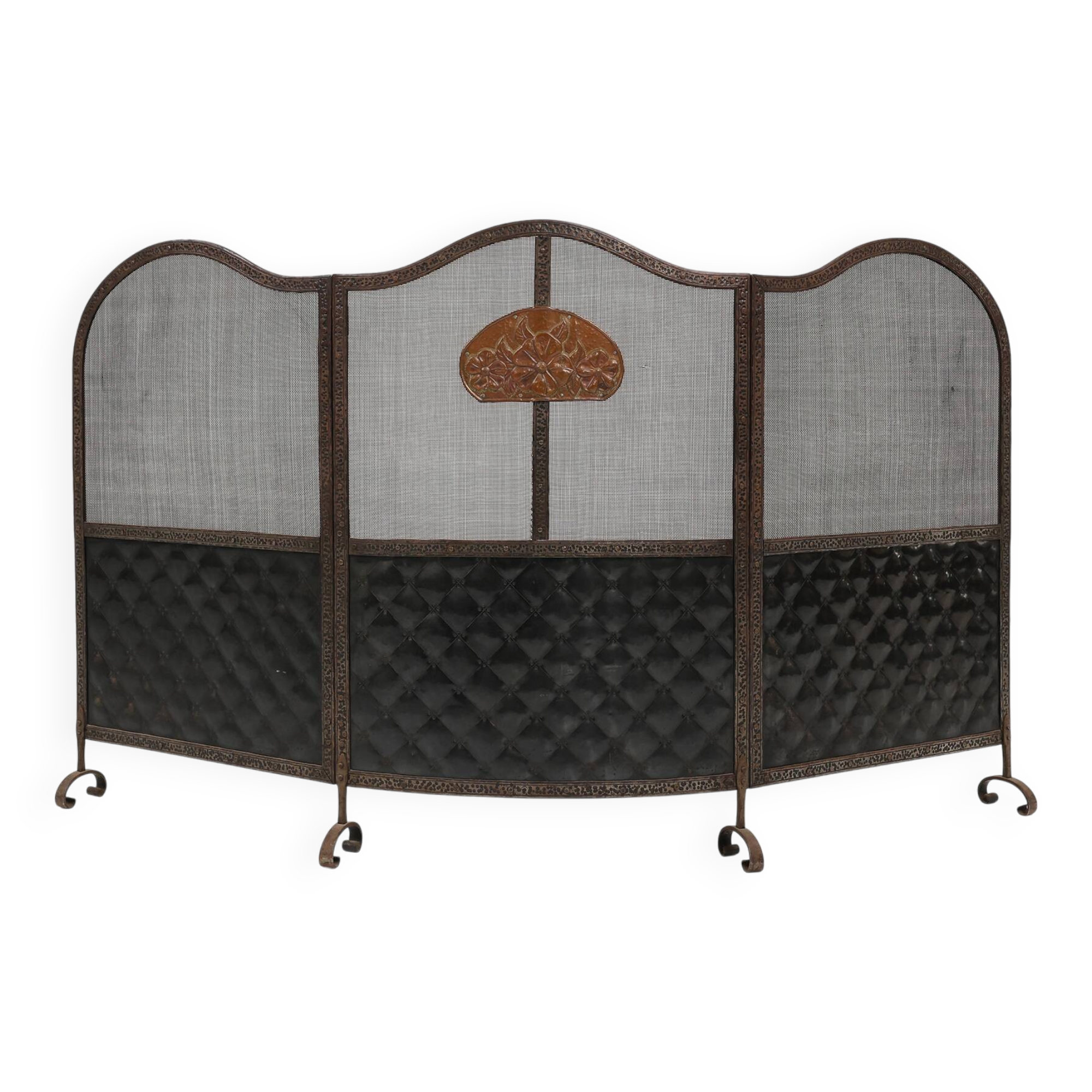 French Art Deco wrought iron fireplace screen with 3 panels