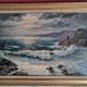 Old oil painting depicting a seascape.