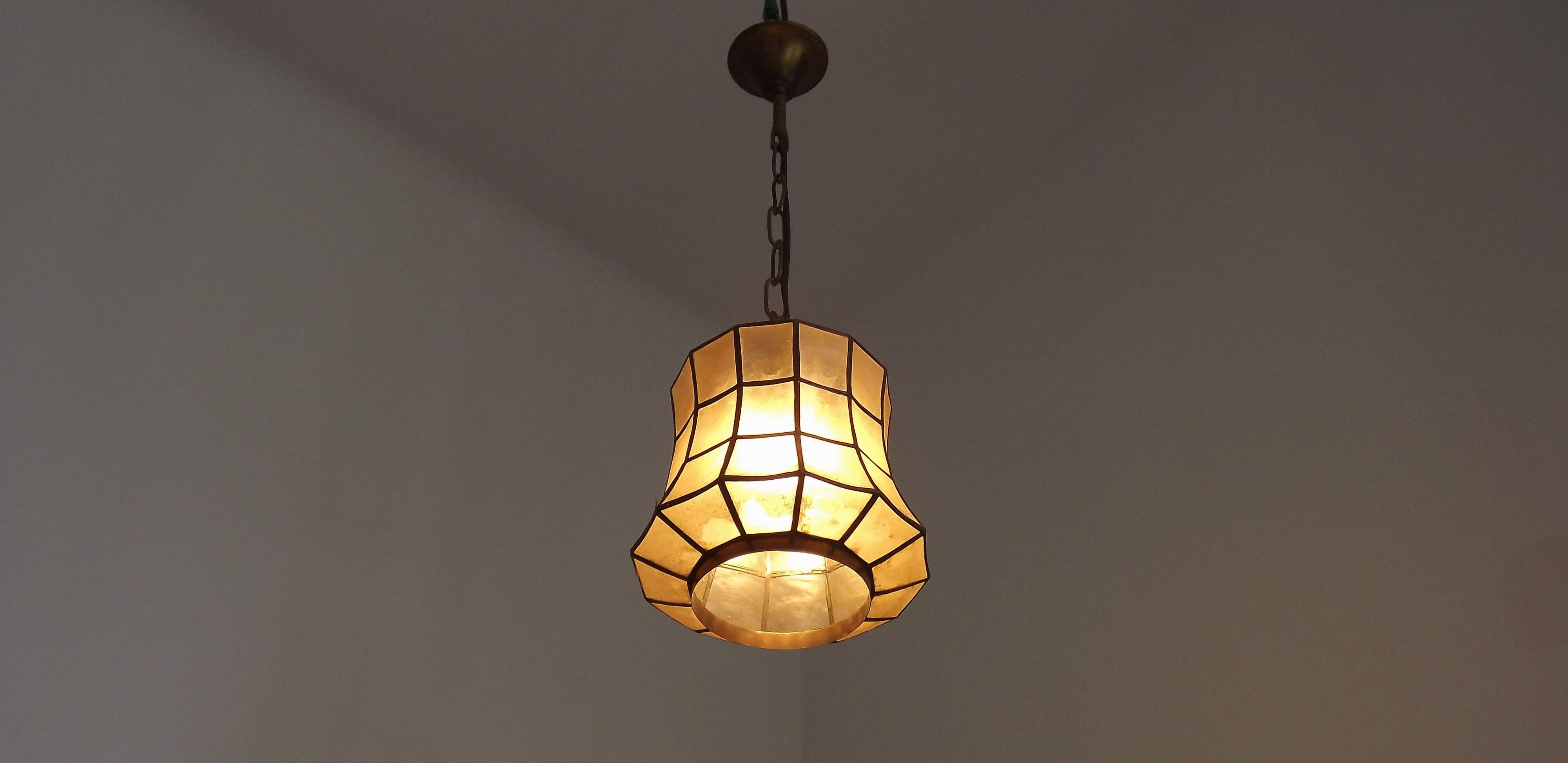 French Vintage Capiz Shell Hanging Pendant Light in Brass Metal and Copper
