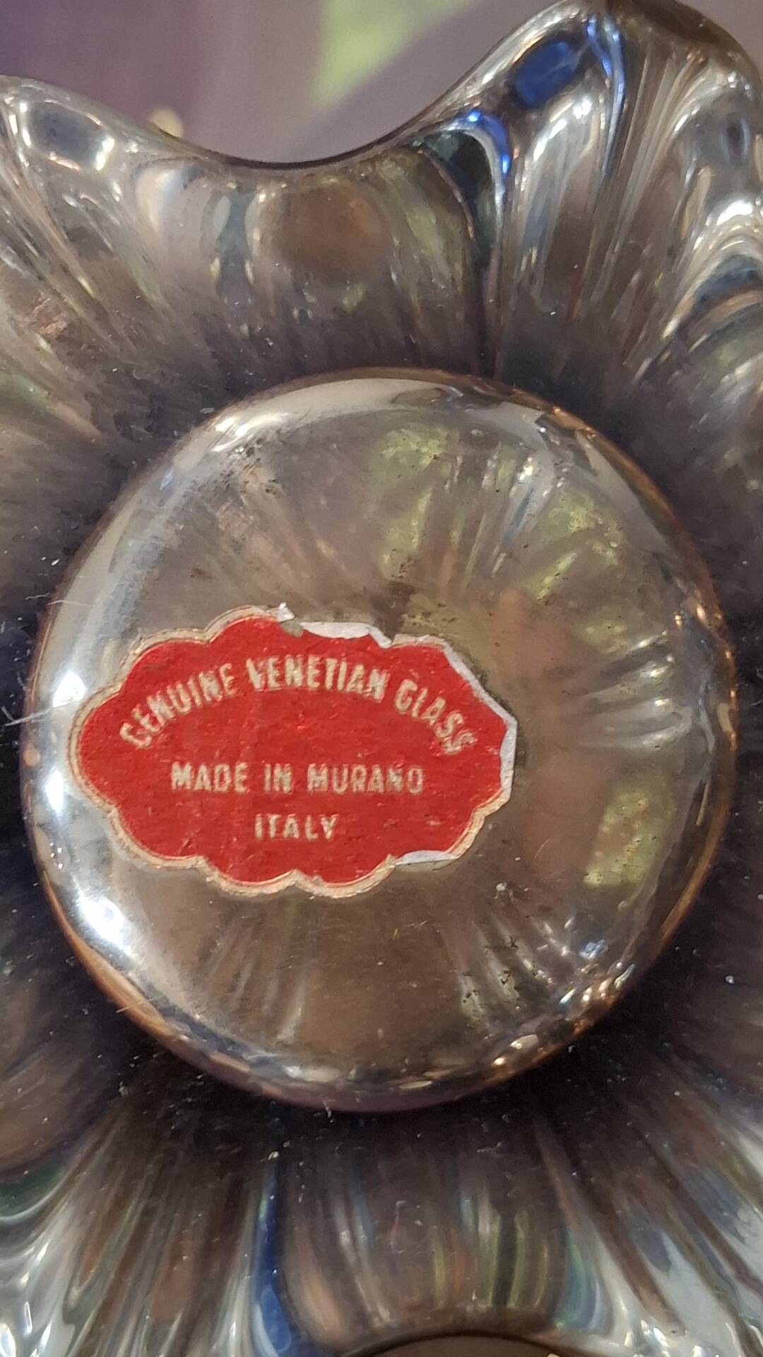 Murano glass vase, blown, gradient red, original antique label.