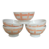 5 antique white porcelain bowls with salmon lines