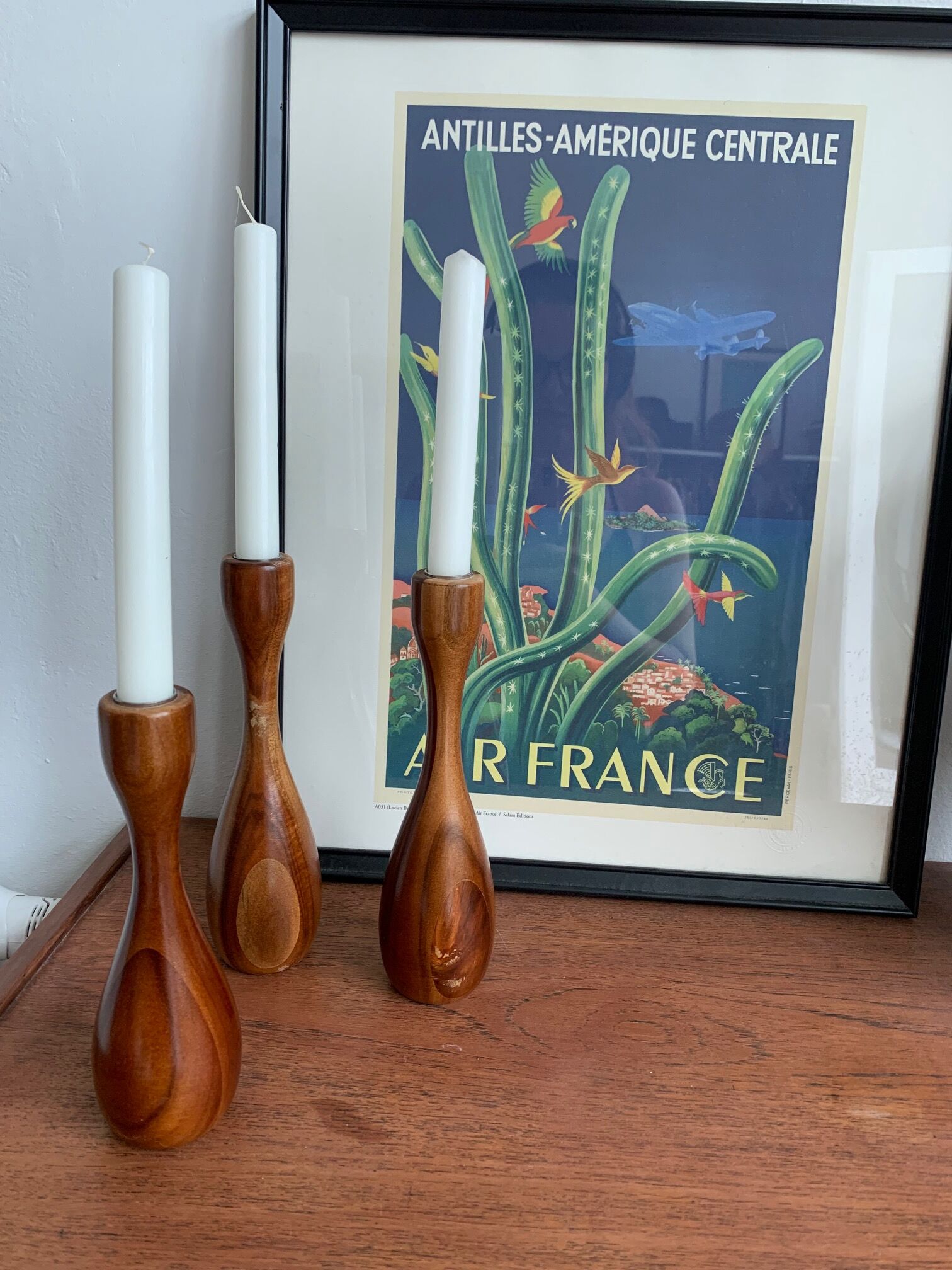 Danish wooden candlestick trio