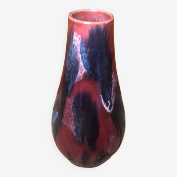 Ancien vase soliflore céramique rouge bleu noir années 70 vintage #a411
