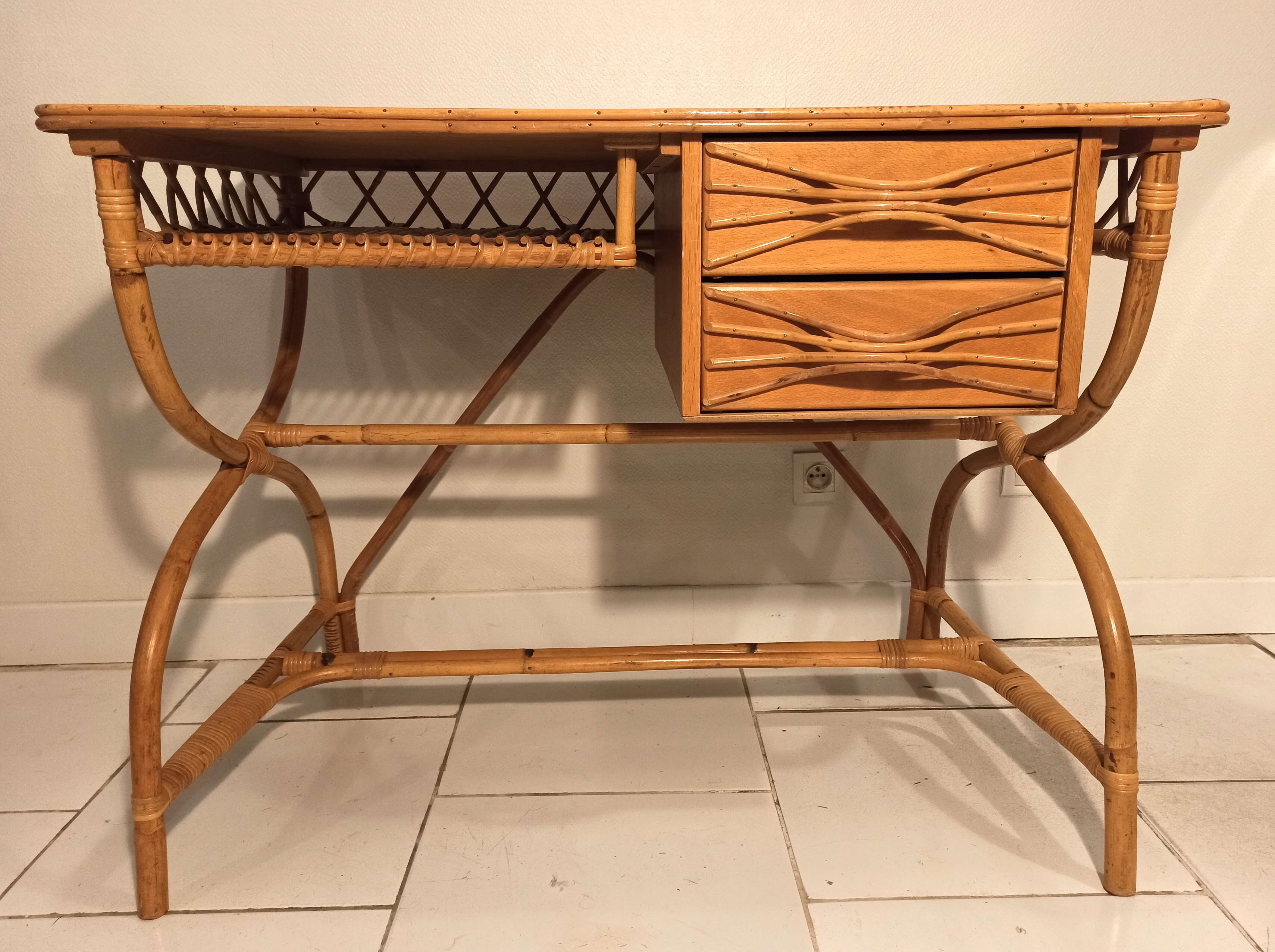 Louis Sognot vintage rattan desk and chair