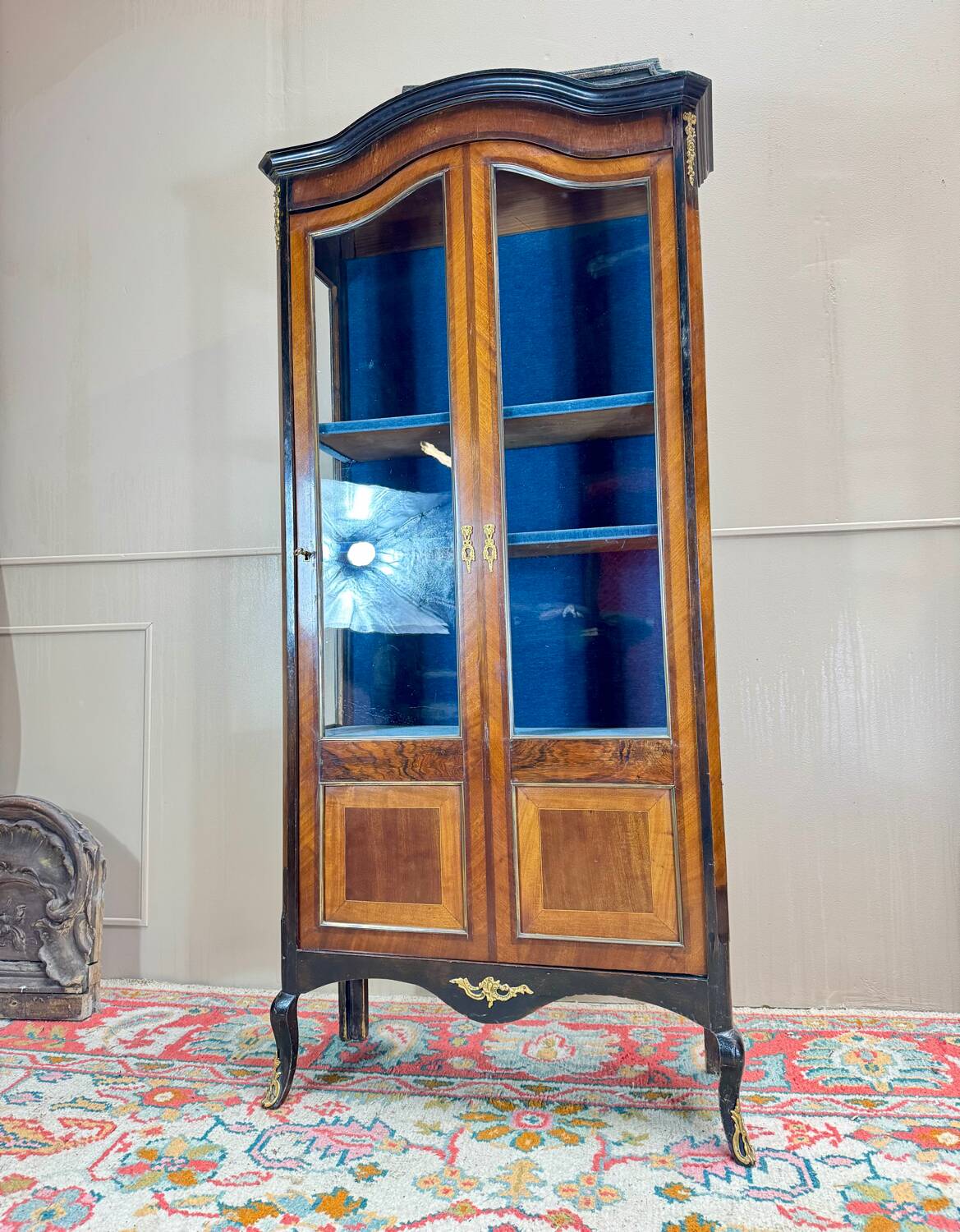 19th Century Transition Style Marquetry and Blackened Wood Display Cabinet