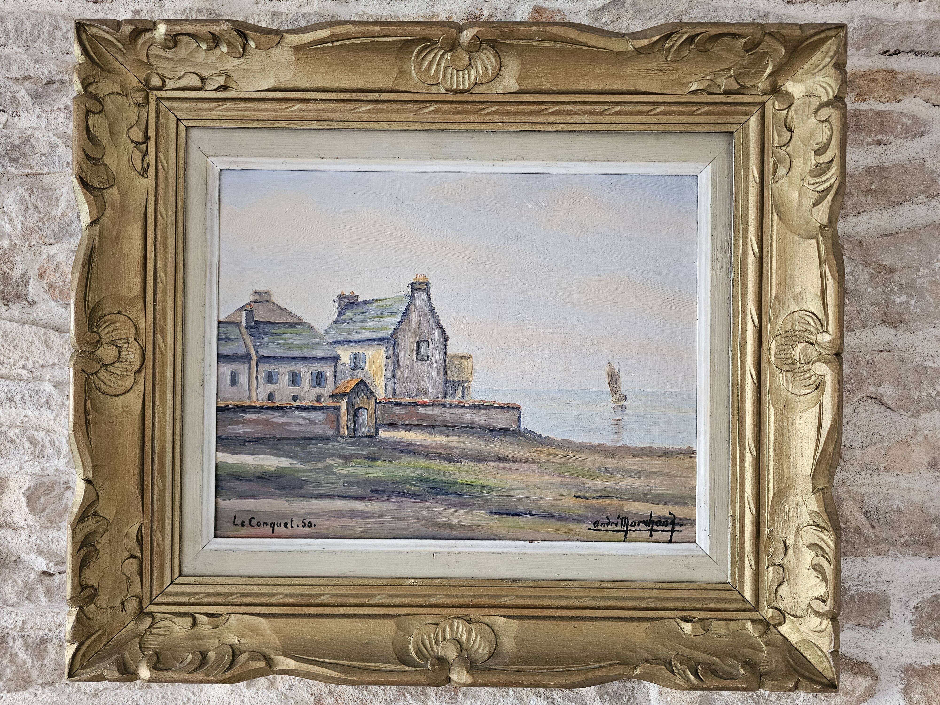 Tableau Huile sur carton Marine Voiliers Le Conquet Signé André Marchand 19