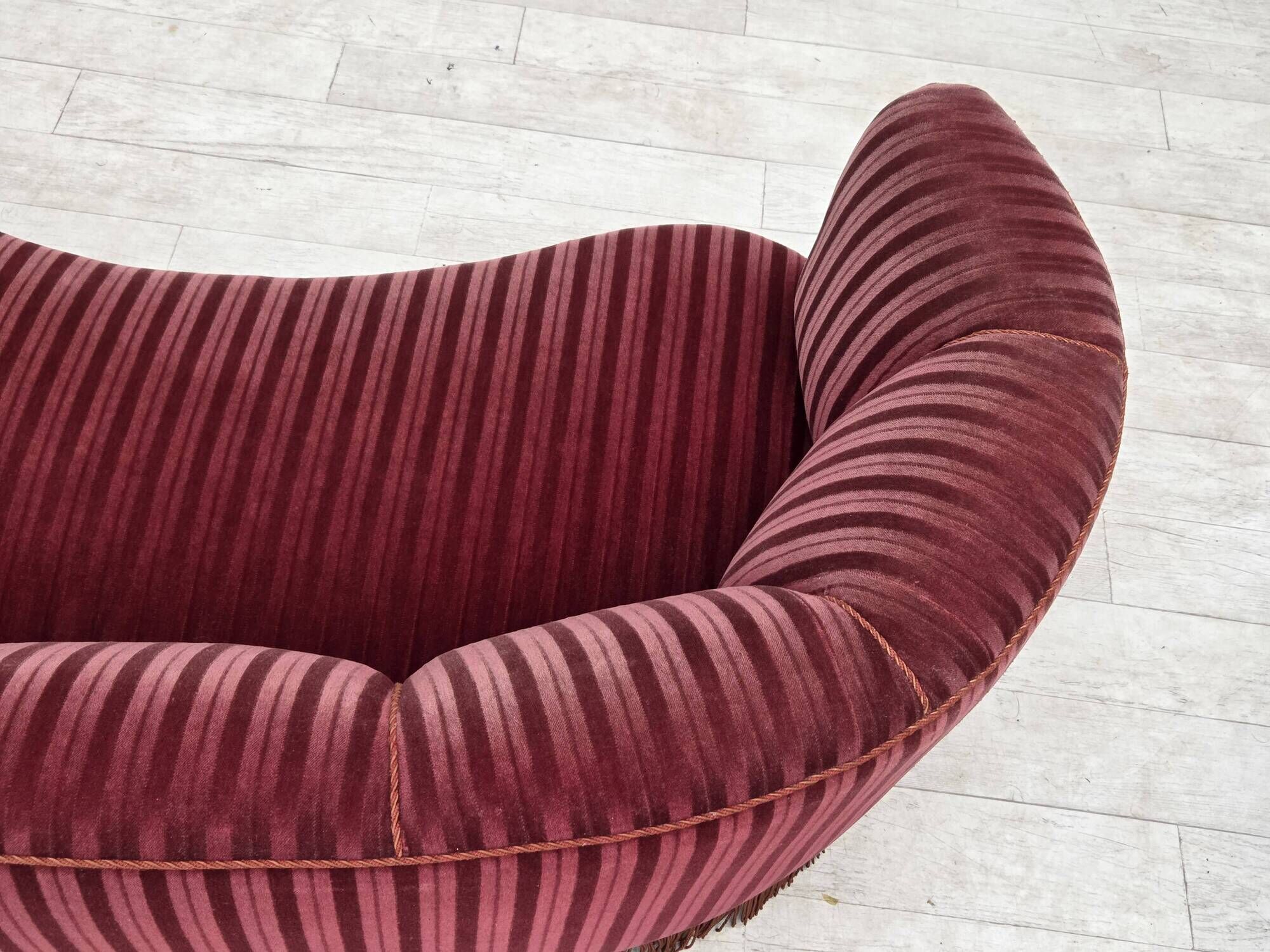 1960s, Danish 2-seater "Banan" sofa, furniture velour, oak wood.