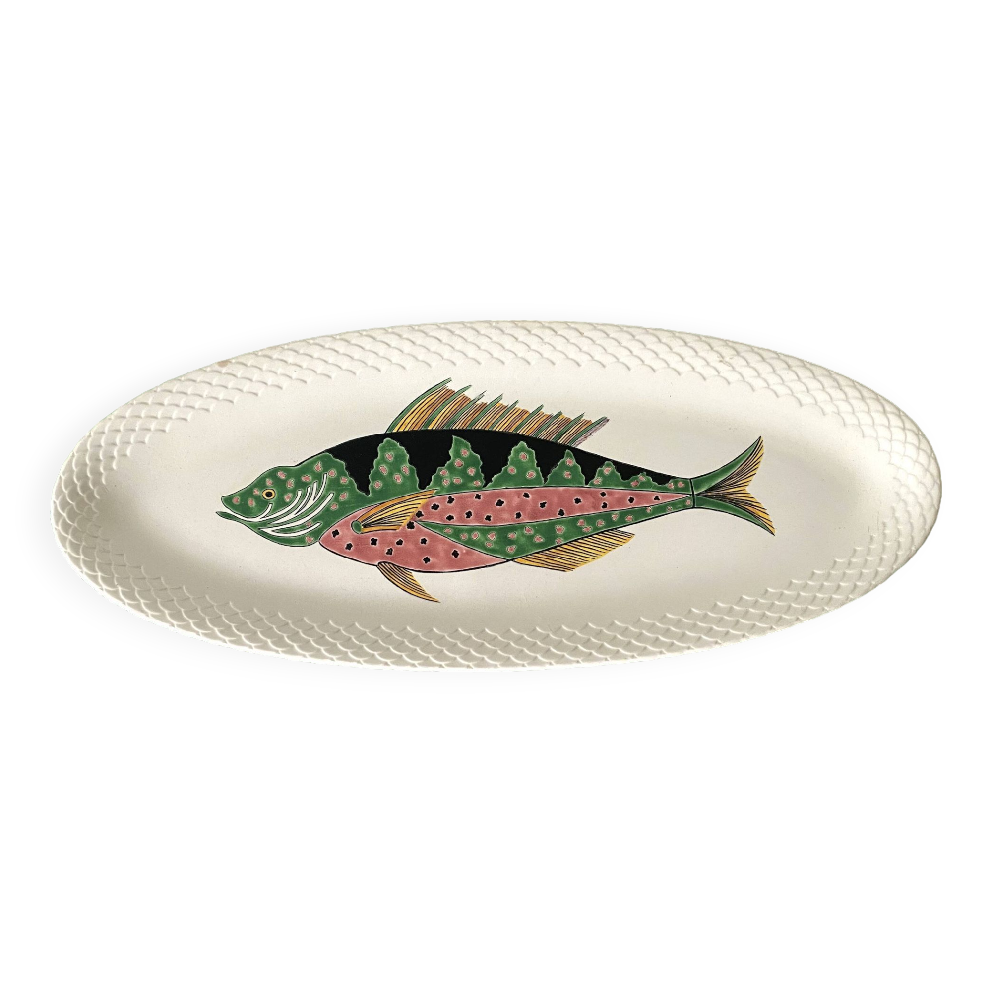 Large oval Gien fish dish, Halong Bay model