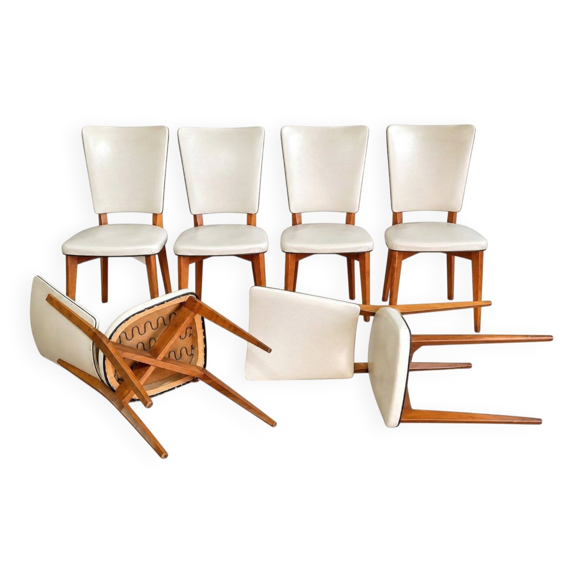 Set of 6 vintage chairs from the 1950s in wood and ivory white faux leather.