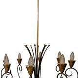 Large chandelier Mid-Century 1950s – 8 lights – wrought iron and brass