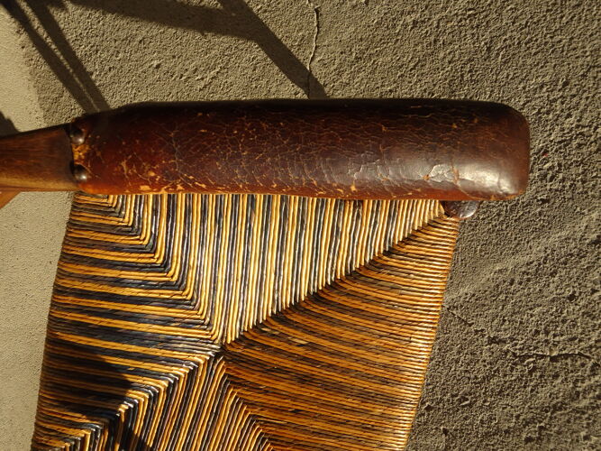 Fauteuil paillé avec accoudoirs en cuir, du XIXème