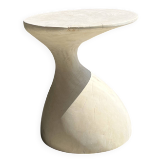 Solid wood (monoxyl) side table, organic shape, white color